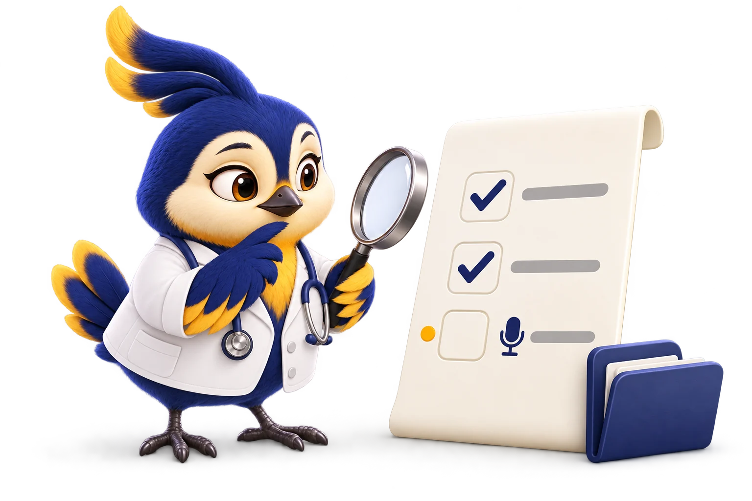 Doctor Vakyartha examines a checklist and a voice setup choice with a magnifying glass