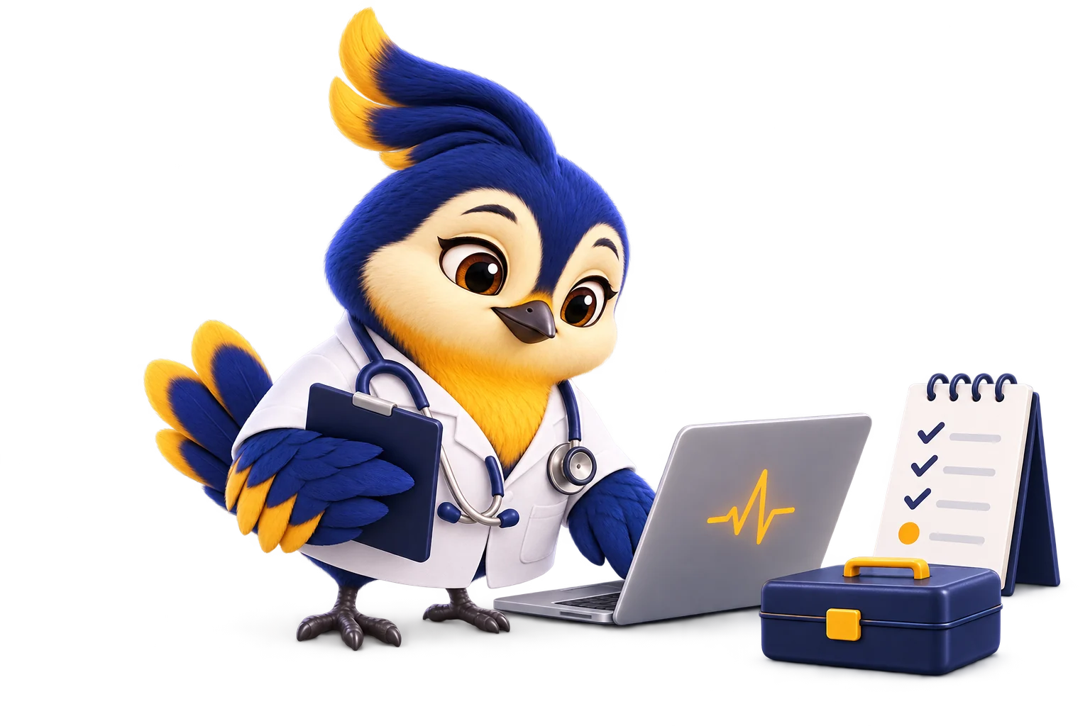 Vakyartha in a white doctor's coat and stethoscope, checking a laptop with a checklist and toolkit