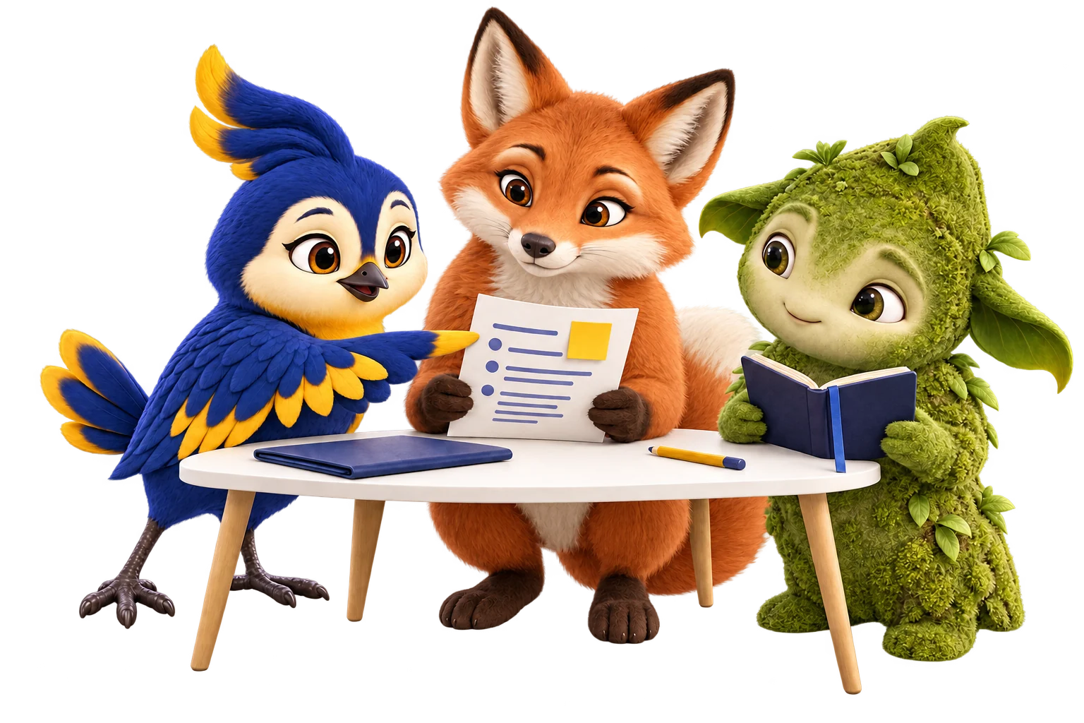 Vakyartha and Mira review a draft while Moss keeps their notebook open
