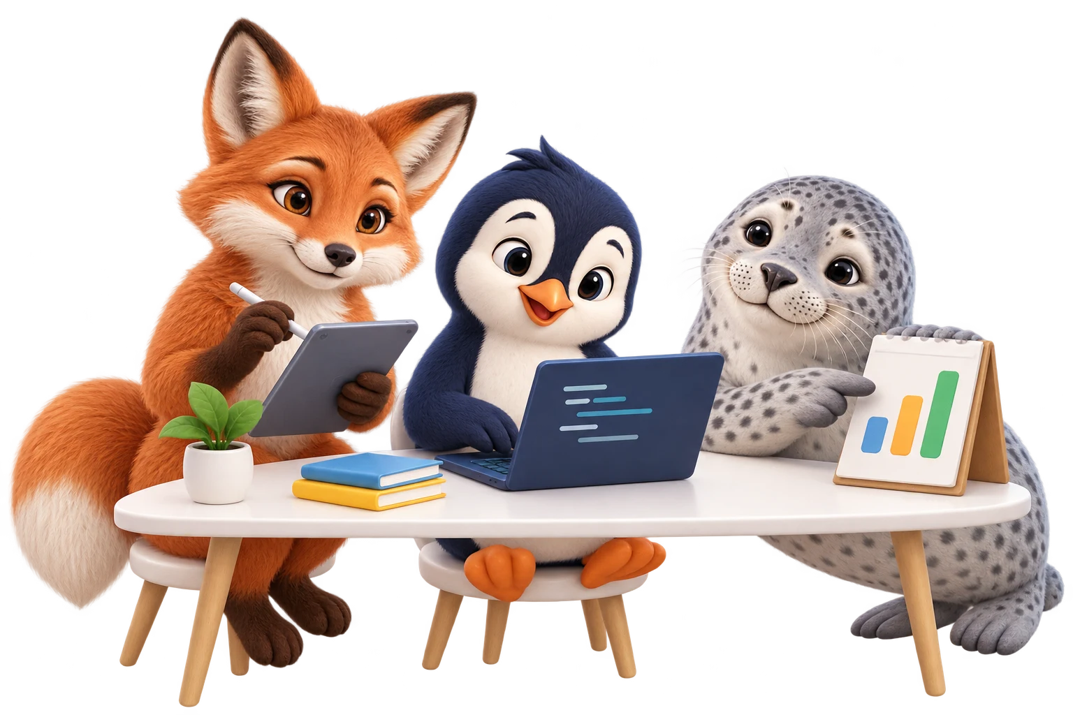 Mira writes, Pip codes, Nori makes sense of the numbers.